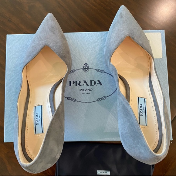 Prada Nebbia (Gray) Suede Pointed Toe Scalloped Edge Pumps Size EU 38.5 - Picture 4 of 12